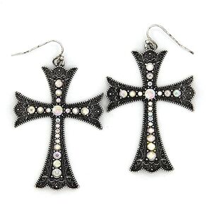 Rhinestone Cross Drop Earrings - Black with Iridescent Stones